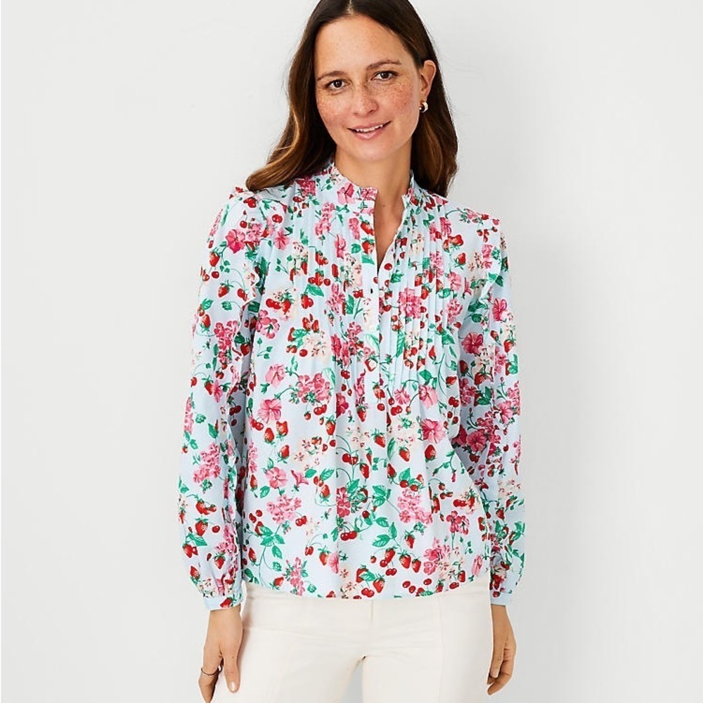 Ann Taylor Floral Strawberries Cherries Ruffle Pintucked Blue Pink Blouse XS
